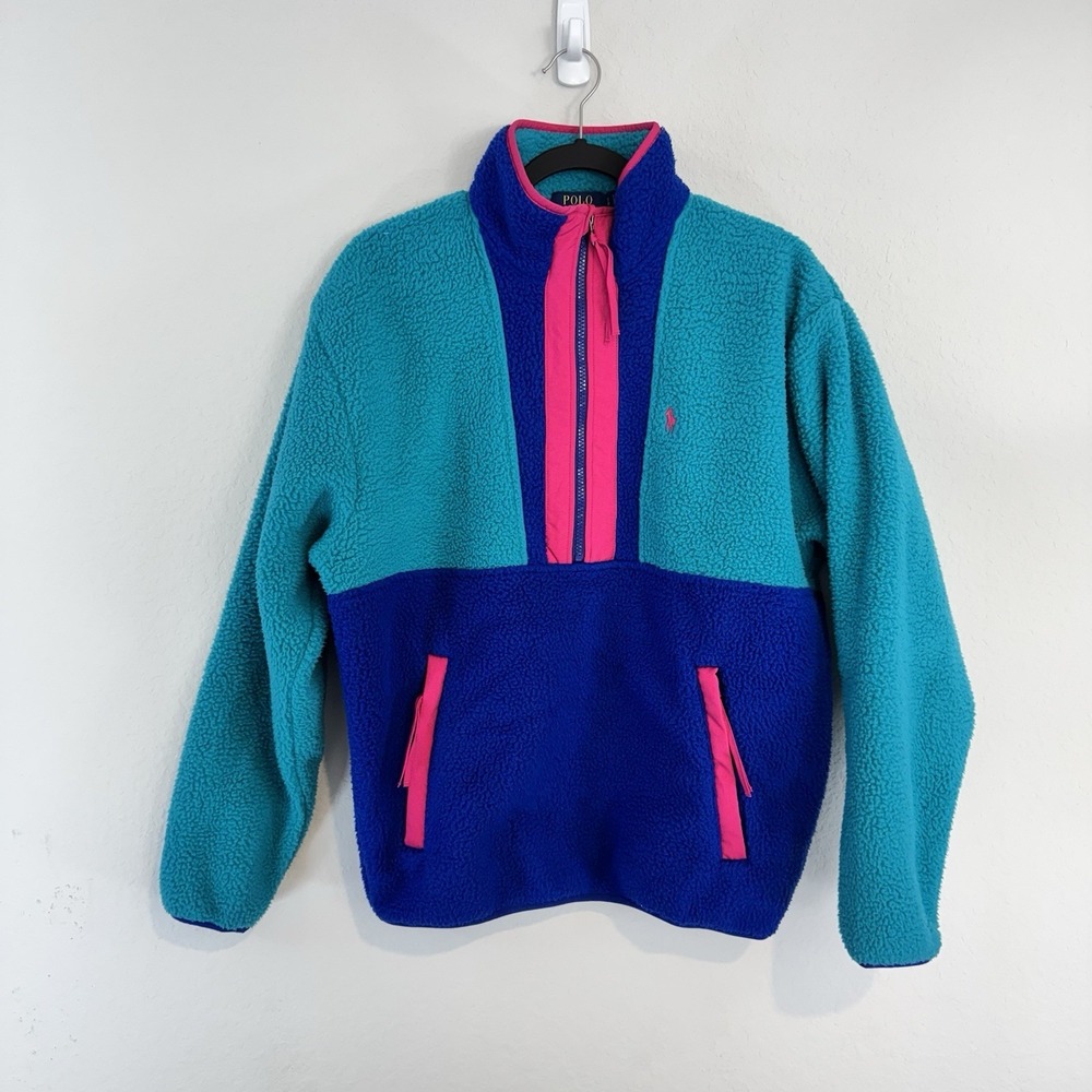 Polo Ralph Lauren High-Pile Fleece 1/2 Zip Colorblock Blue Pink Men Small Retro